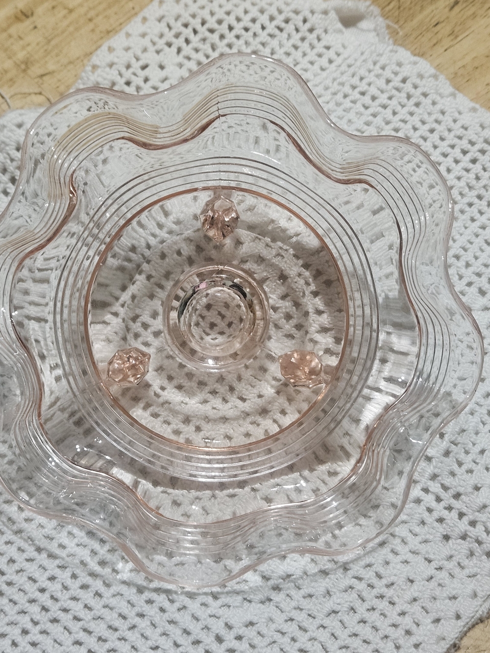 Anchor Hocking Pink Depression Glass 3 Footed Banded Ruffled Candy